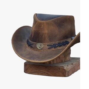 Cowboy Hat ALL LEATHER w/ distressed look,Black Trim,metal button& neck tie NEW
